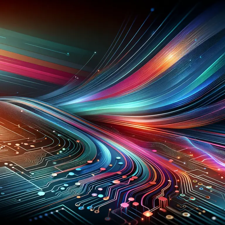 Abstrakte, futuristische Datenströme über einer digitalen Leiterplatte – Darstellung von Hightech, Innovation, künstlicher Intelligenz und digitaler Transformation.
