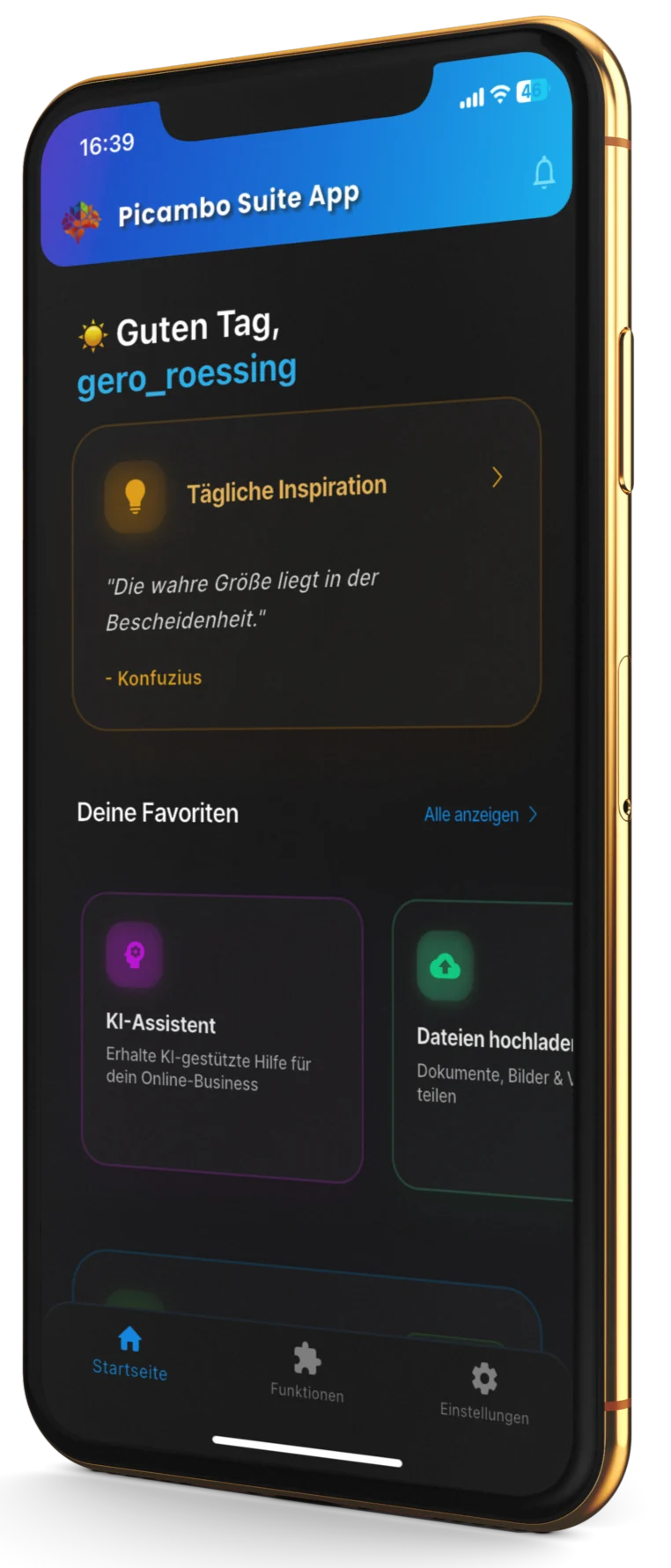 Smartphone mit der geöffneten Picambo Suite App – Startbildschirm mit KI-Assistent, Upload-Funktion, täglicher Inspiration und persönlicher Begrüßung.